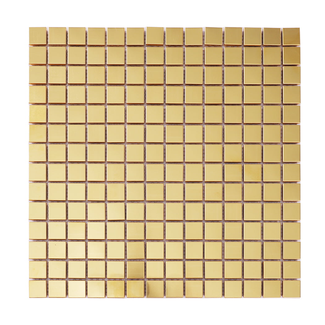 Front view of brushed brass square mosaic metal tile sheet.