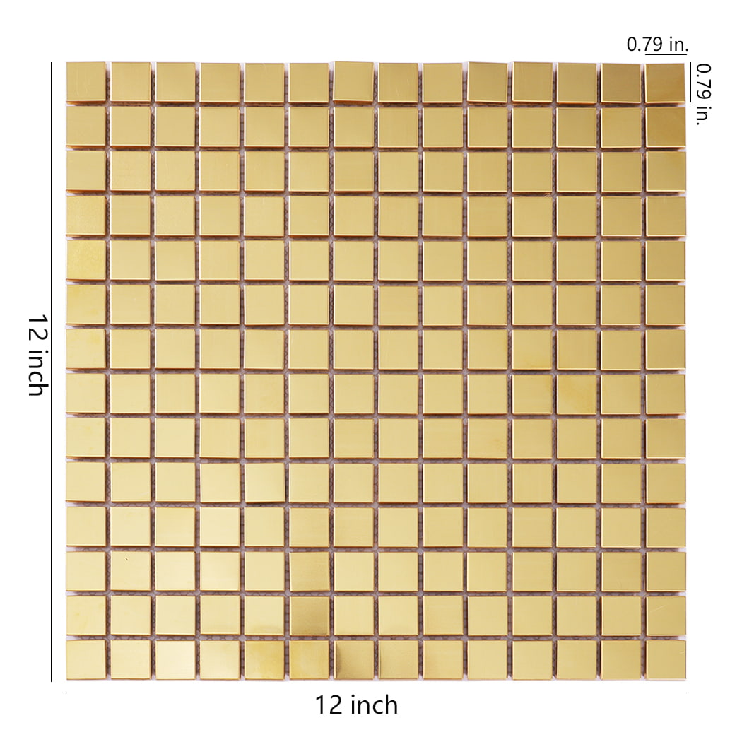 Brushed brass square mosaic metal tile 12x12 inch with size details shown.
