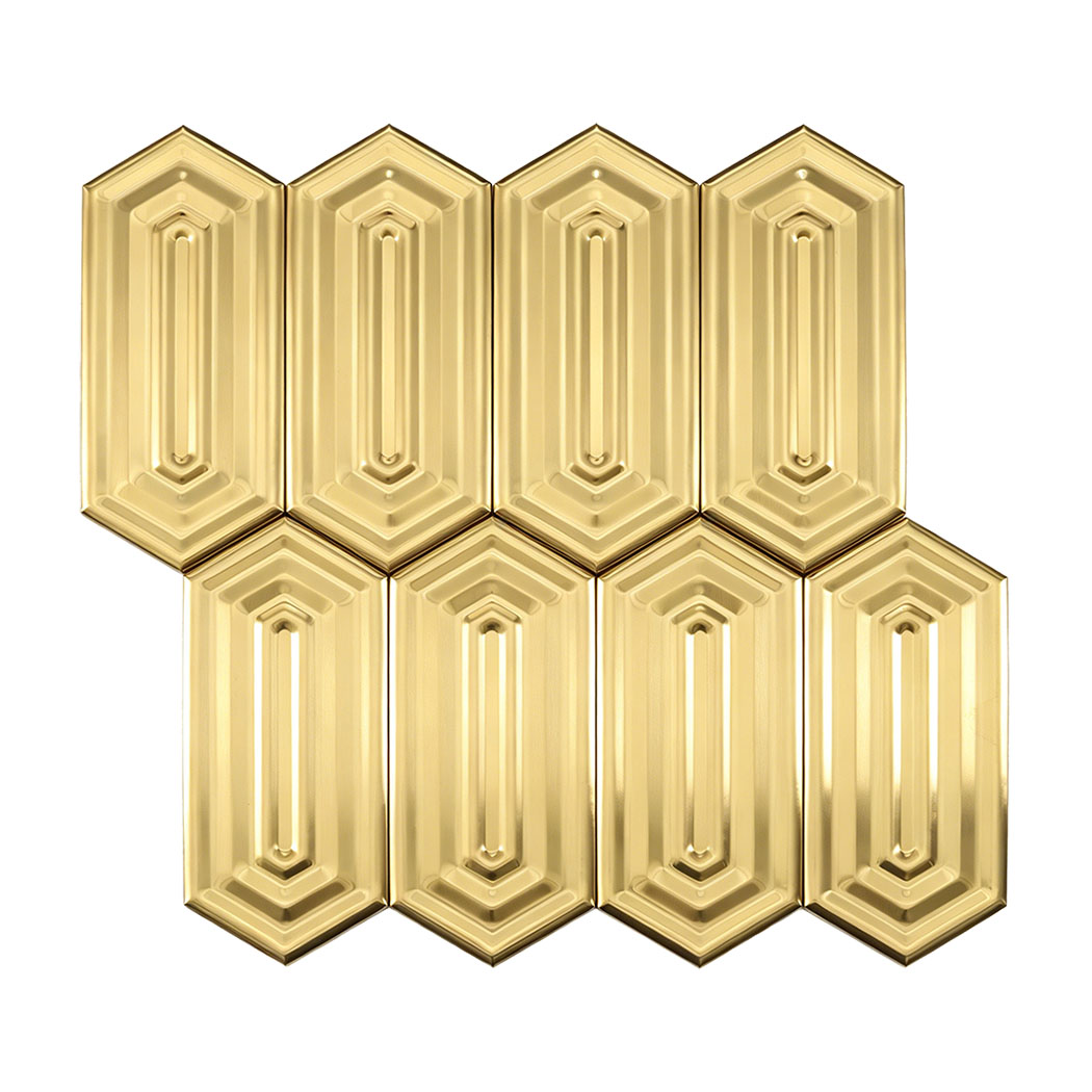 Full view of brushed gold elongated hexagon metal mosaic tile sheet on white background