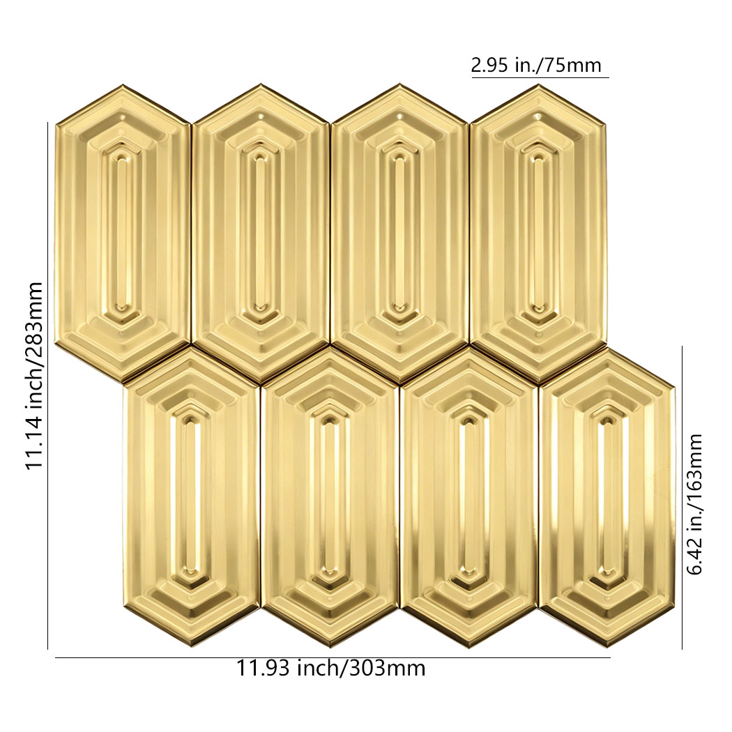 Brushed gold elongated hexagon metal mosaic tile sheet with dimension markings and layout guide