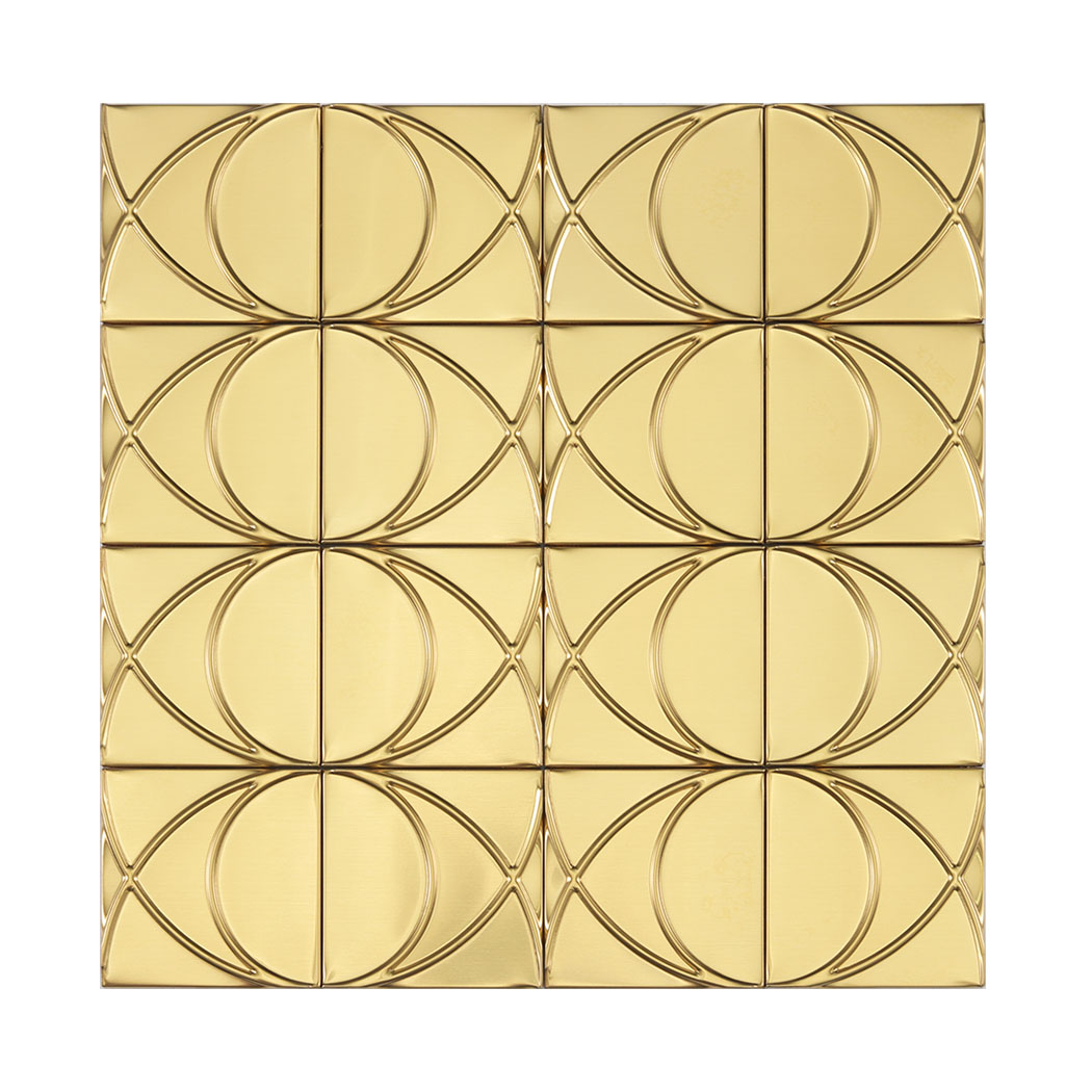 Front view of brushed gold stainless steel square pattern mosaic tile