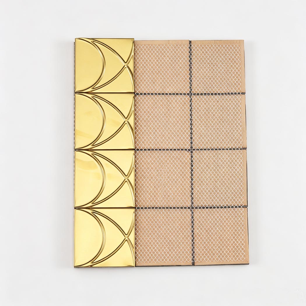 Brushed gold stainless steel square pattern mosaic tile with mesh backing