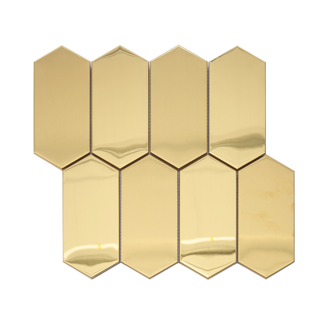 Gold hexagon mosaic tiles with brushed and mirror finish clean surface view