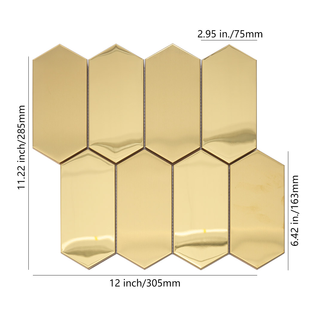 Gold brushed and mirror hexagon mosaic tile sheet front view display