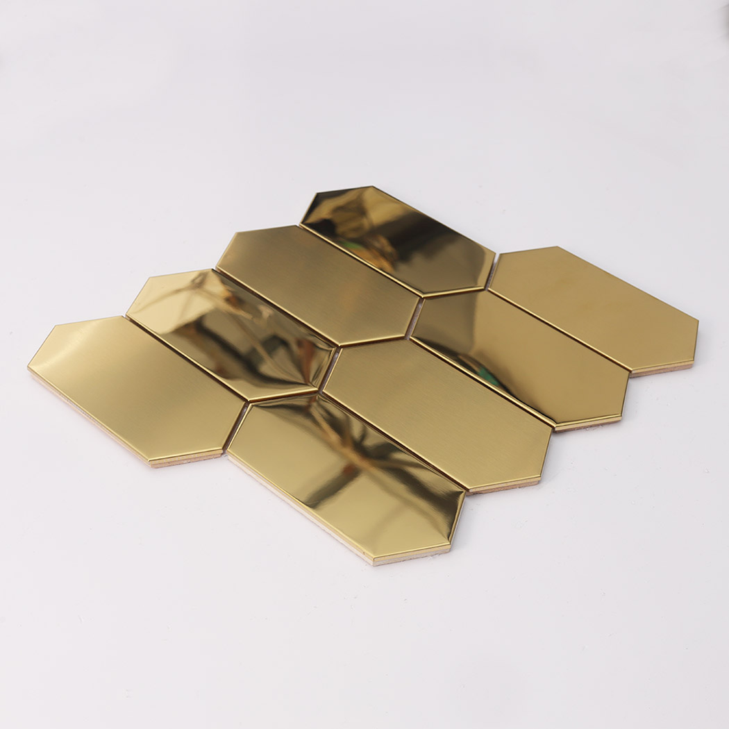Full sheet layout of gold hexagon mosaic tiles brushed and mirror finish installation view