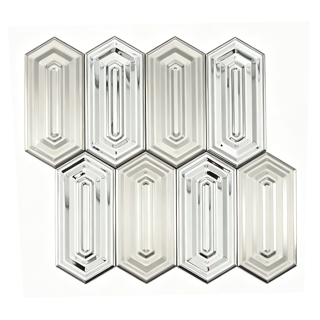 Silver brushed mirror stainless steel hexagon mosaic sheet angled layout