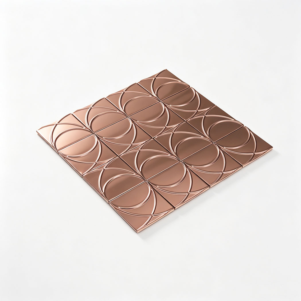 Angled view of brushed rose gold stainless steel square pattern mosaic tile