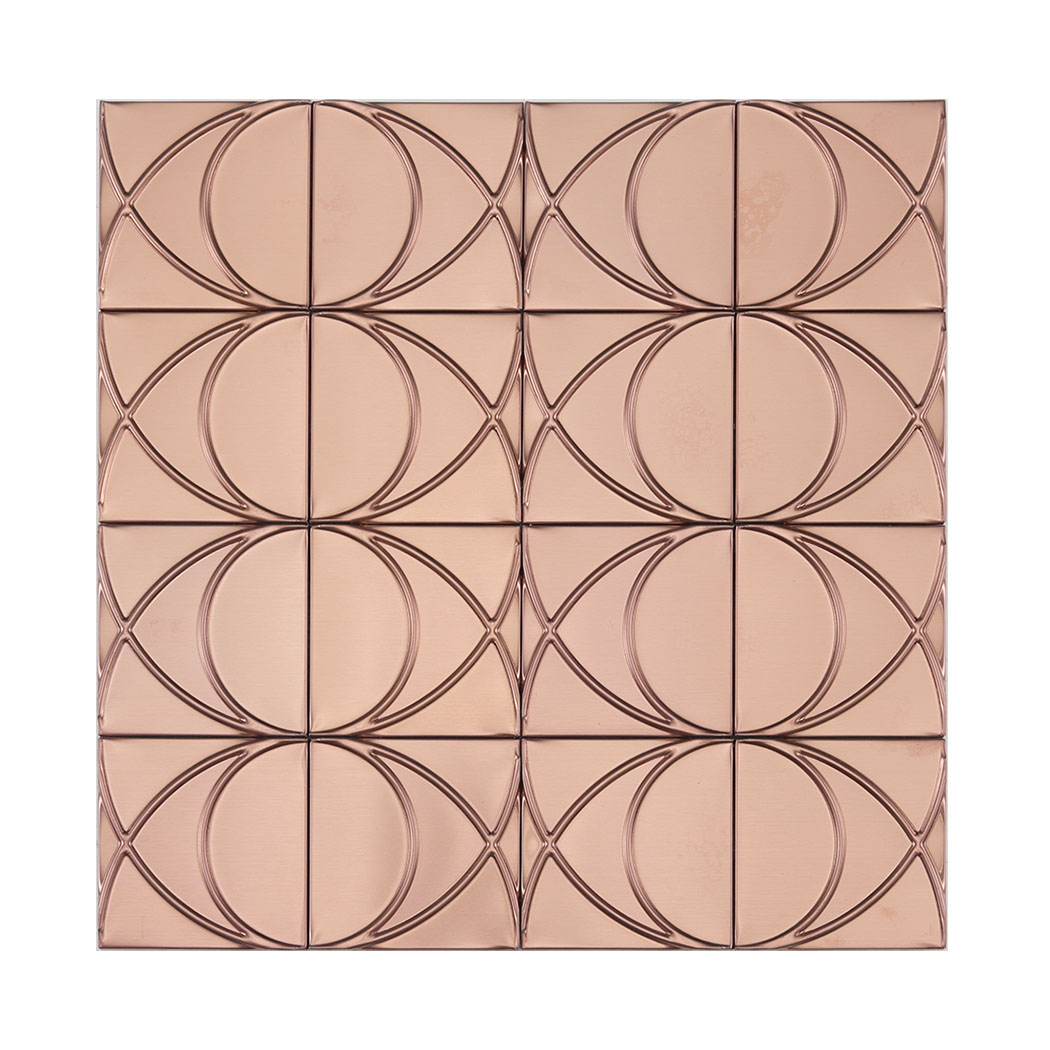 Front view of brushed rose gold stainless steel square pattern mosaic tile