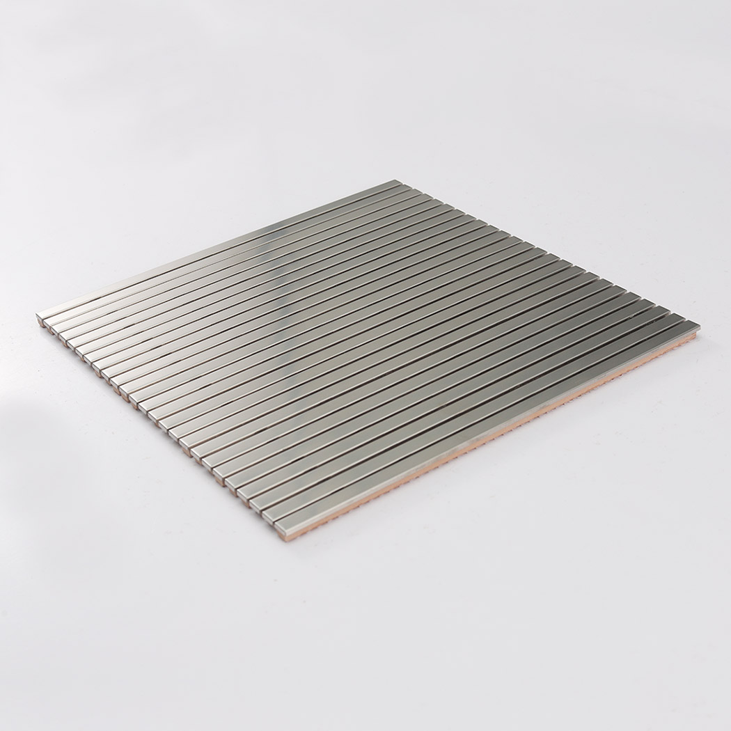 Angled view of brushed silver stainless steel ribbon tile sheet