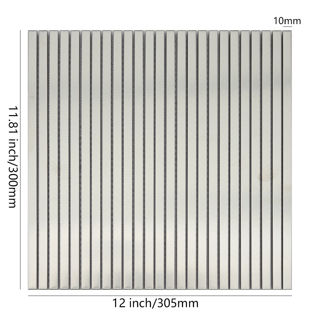 Brushed silver stainless steel ribbon tile sheet with 12 by 11.81 inch dimensions