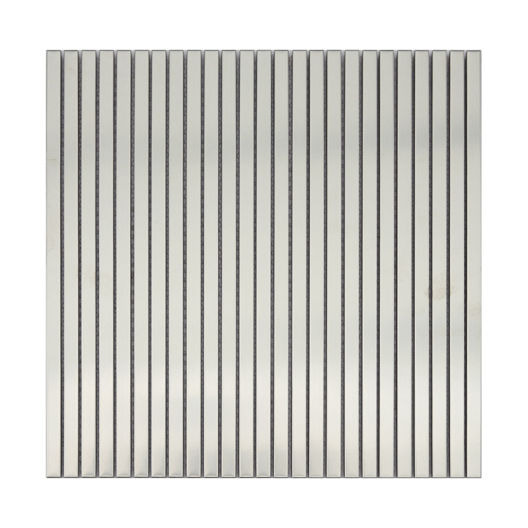 Front view of brushed silver stainless steel ribbon tile sheet