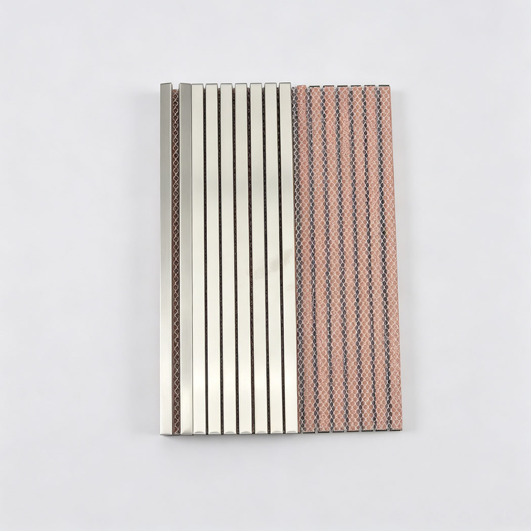 Brushed silver stainless steel ribbon tile sheet with mesh backing