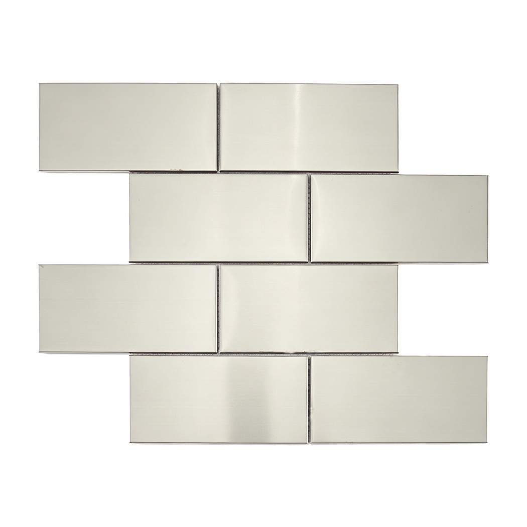 Brushed silver stainless steel subway mosaic tile in staggered brick pattern