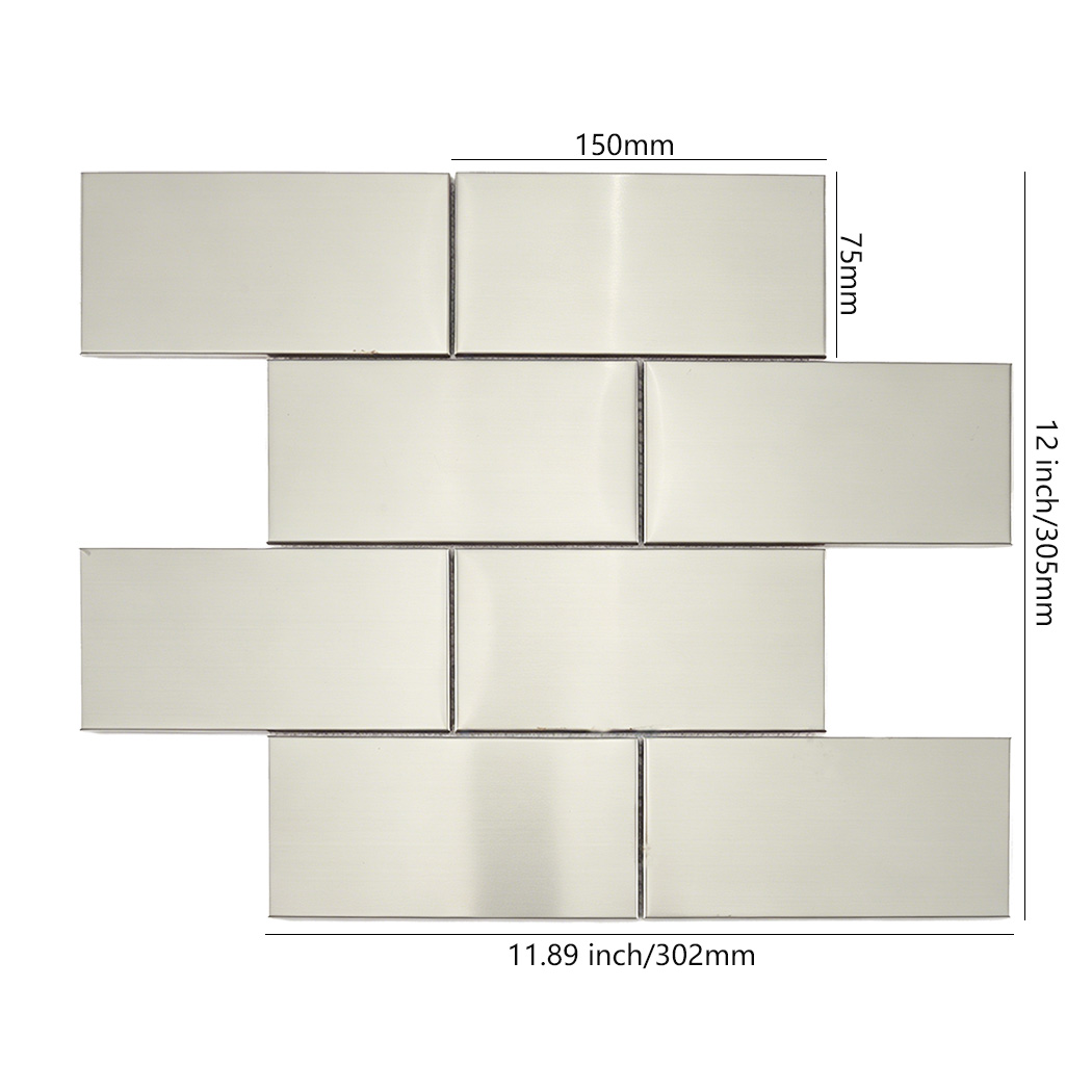 Brushed silver stainless steel subway tile sheet with 150x75mm pieces
