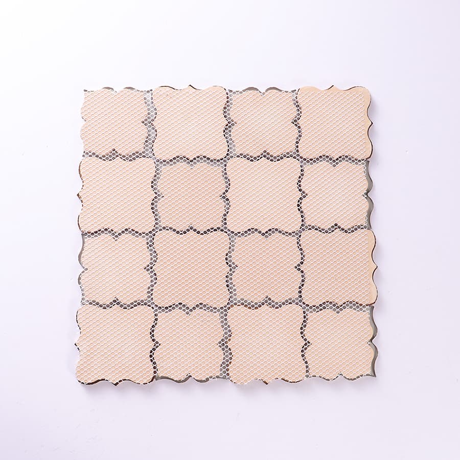 Back view of brushed rose gold and antique bronze arabesque mosaic tile 