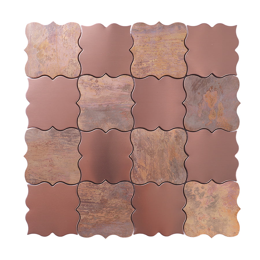 Front view of brushed rose gold and antique bronze arabesque mosaic wall tile