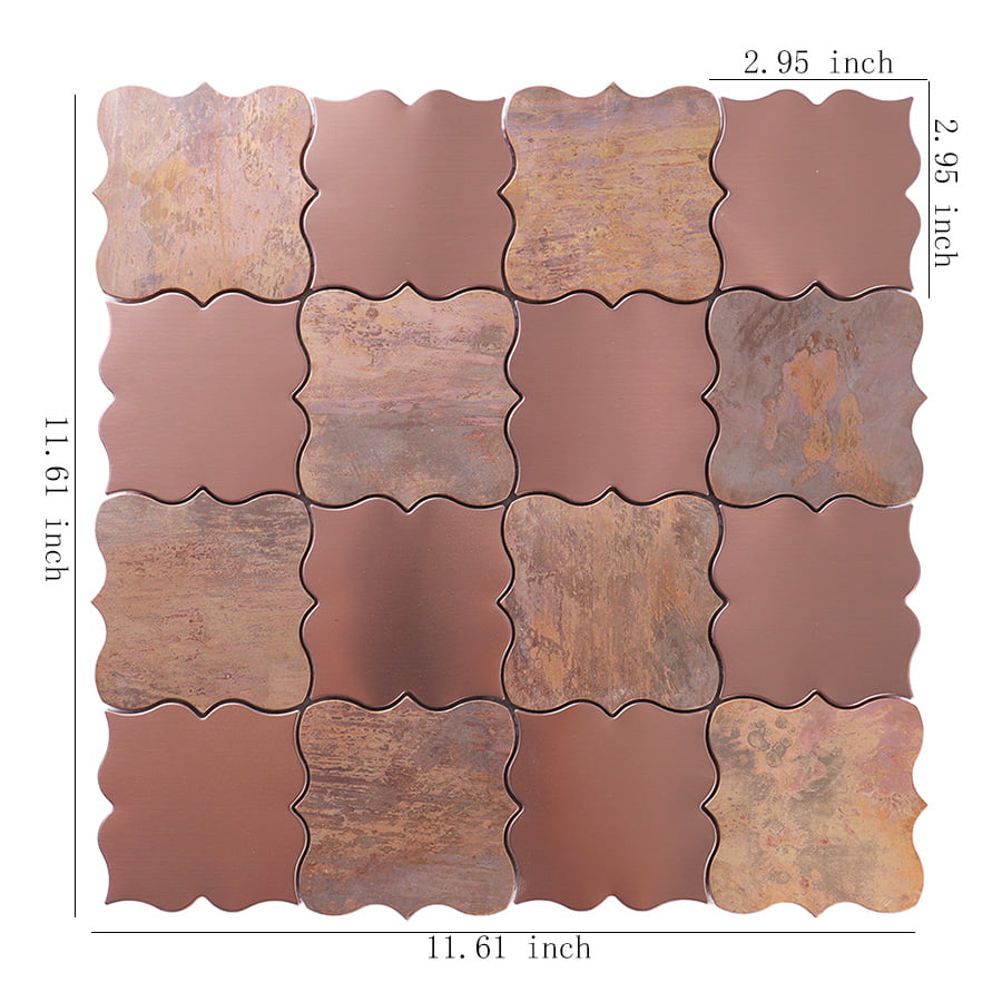 Brushed rose gold and antique bronze arabesque mosaic tile with size measurements