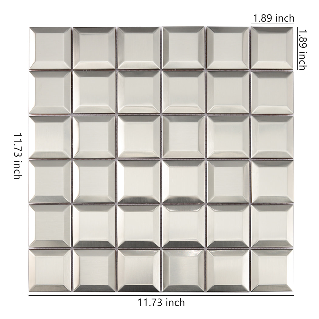 Brushed silver beveled stainless steel mosaic tile sheet with size measurements