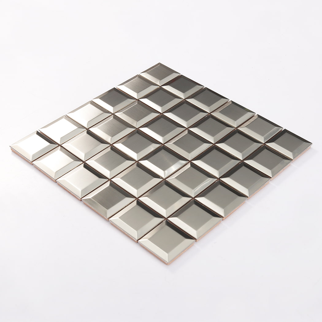 Perspective view of brushed silver beveled stainless steel mosaic tile sheet