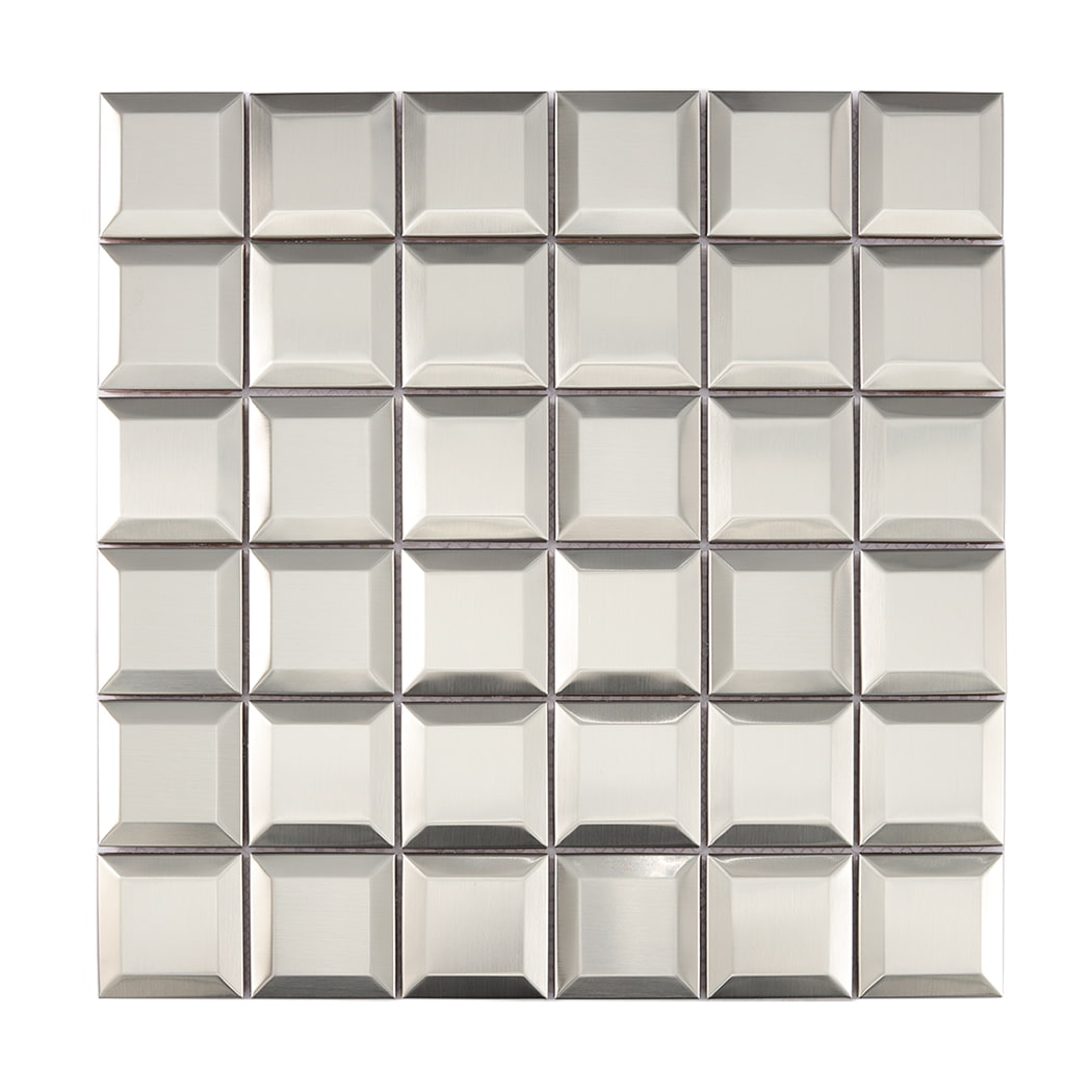 Full sheet of brushed silver beveled stainless steel mosaic wall tile