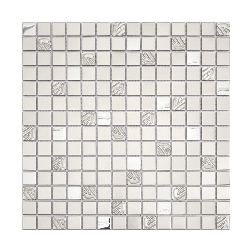 Silver square metal mosaic sheet with ripple embossed accent tiles
