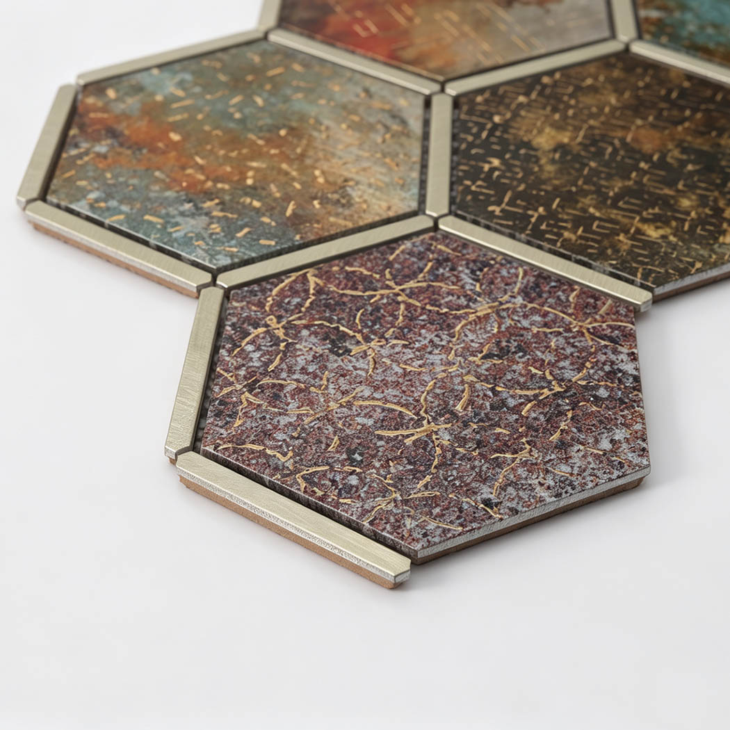 Angled close-up of burgundy aluminum hexagon mosaic tile with gold veining