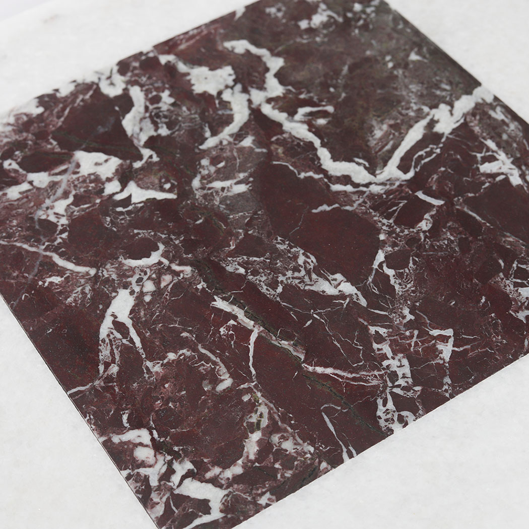 Burgundy marble center detail in white border mosaic tile