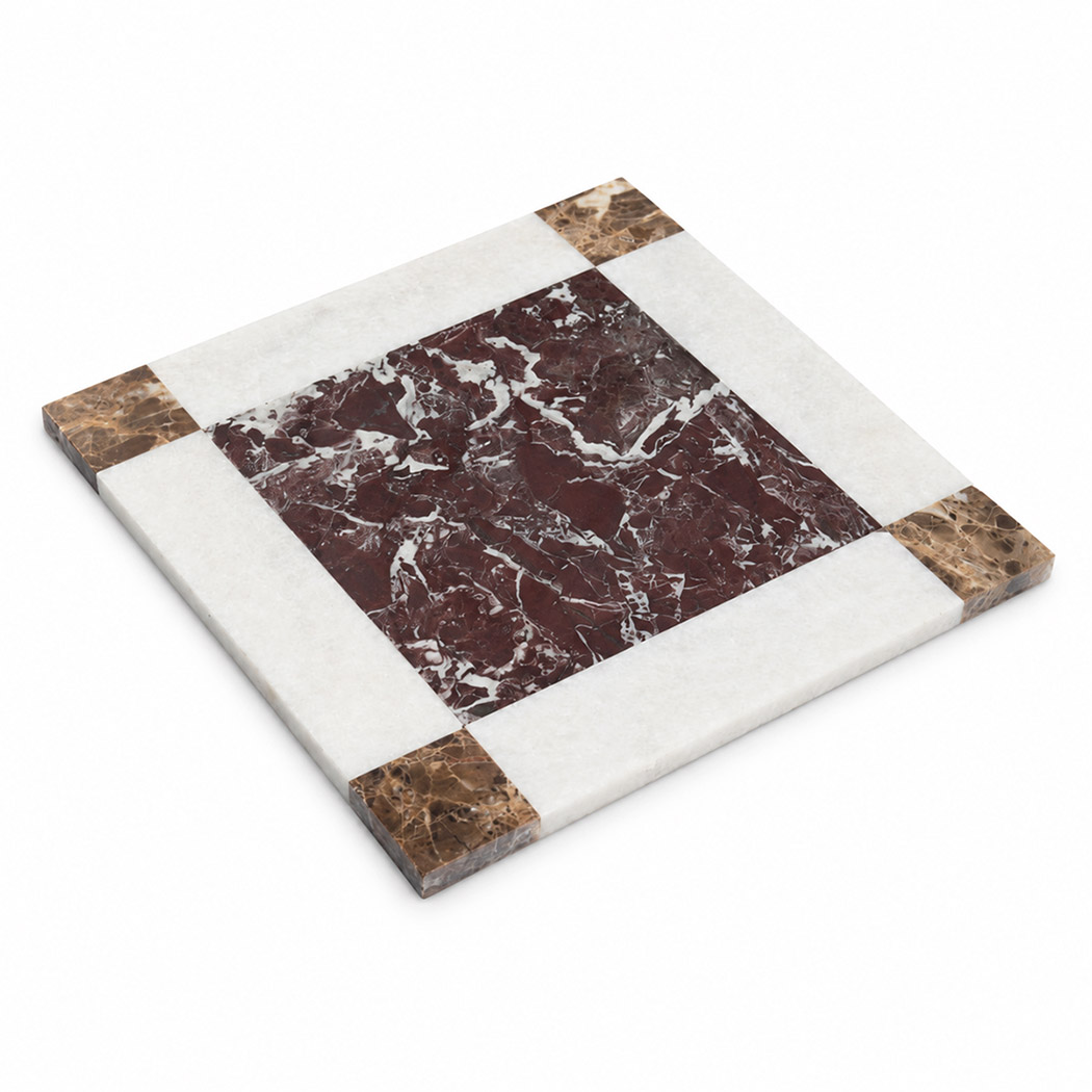 Angled view of burgundy and white marble border mosaic tile