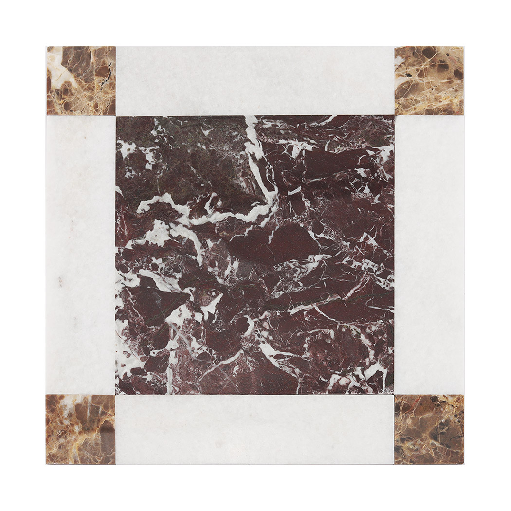 Front view of burgundy and white marble border mosaic tile with brown corner accents