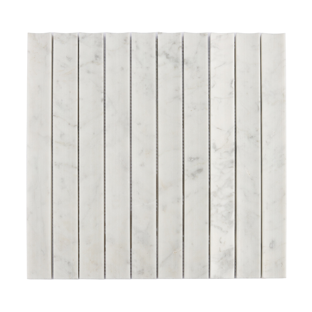 Full front view of a square Carrara White fluted linear marble mosaic tile sheet.