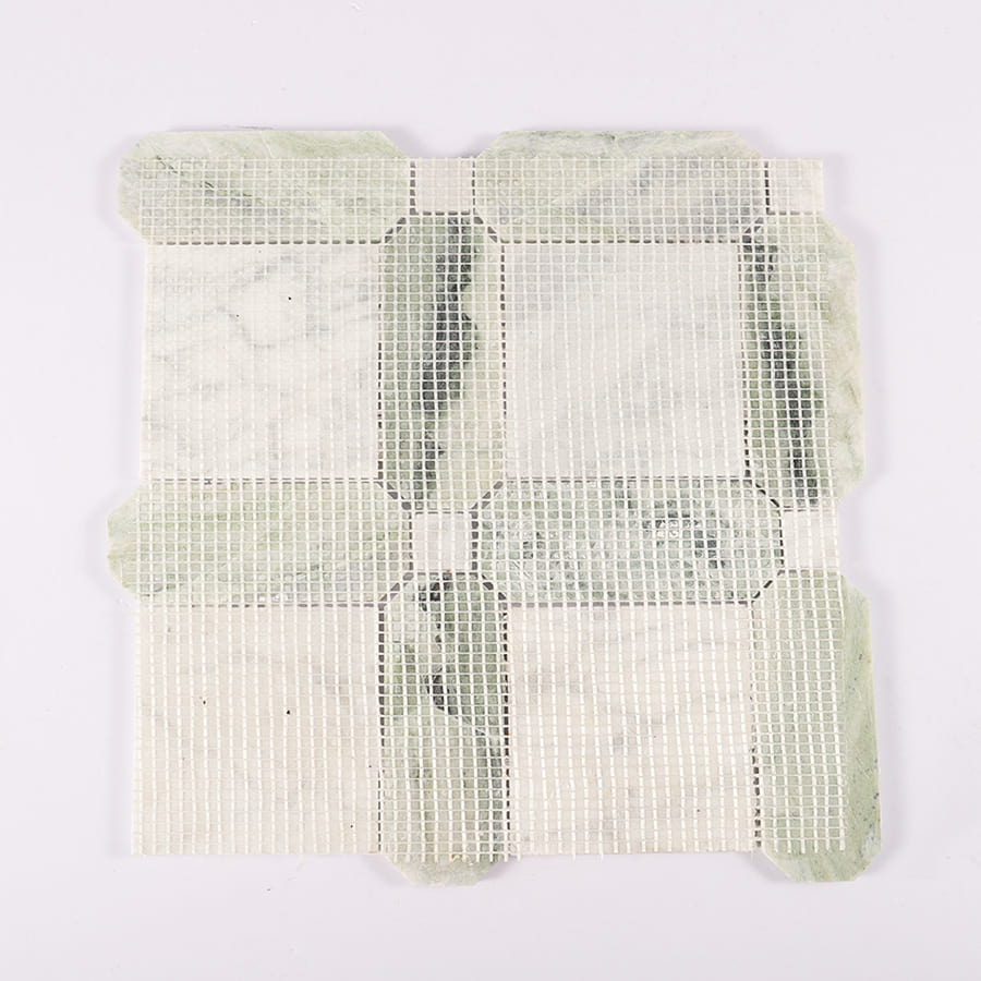 Back mesh view of Carrara white and green geometric marble mosaic tile