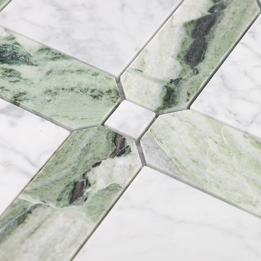 Detail of Carrara white and green geometric marble mosaic connection