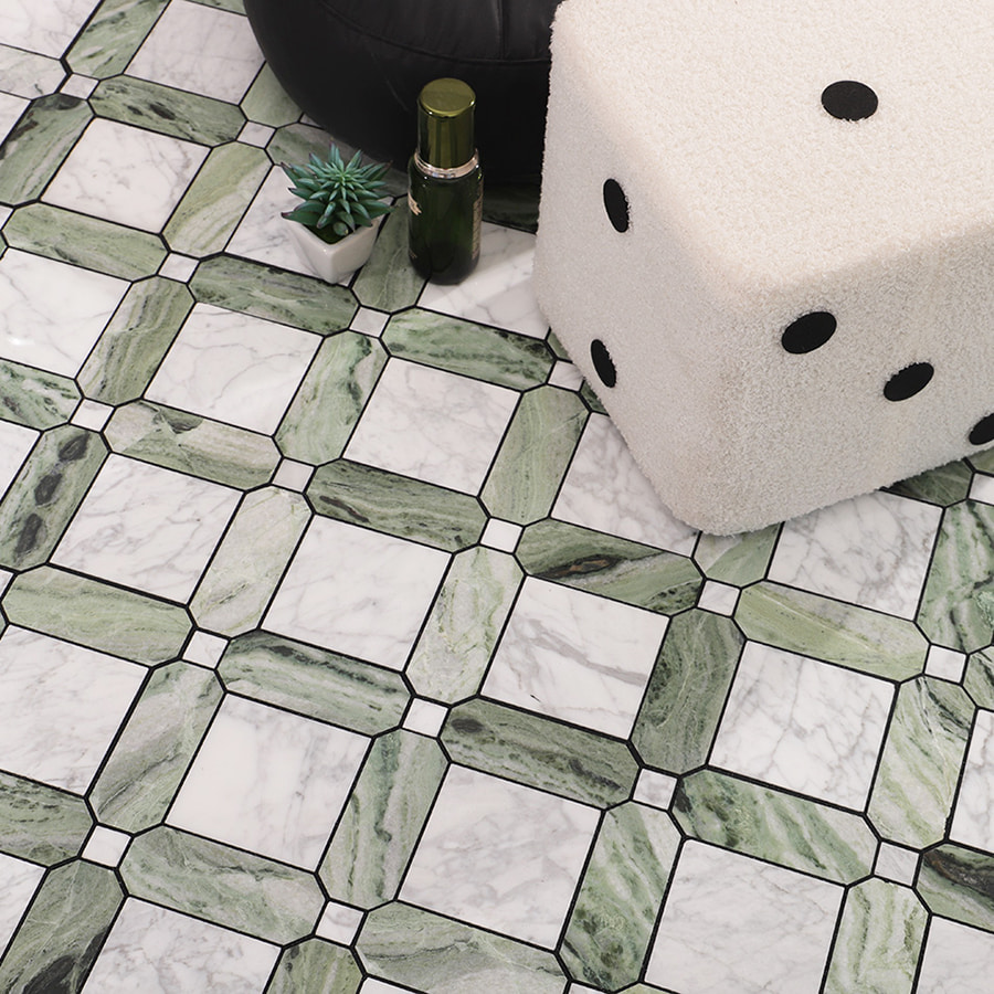 Installed Carrara white and green geometric marble mosaic tile on floor