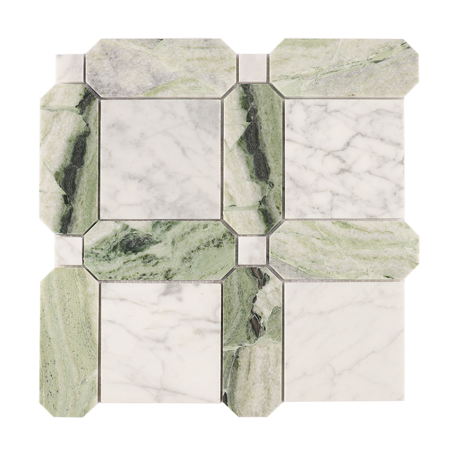 Full sheet of Carrara white and green geometric marble mosaic tile