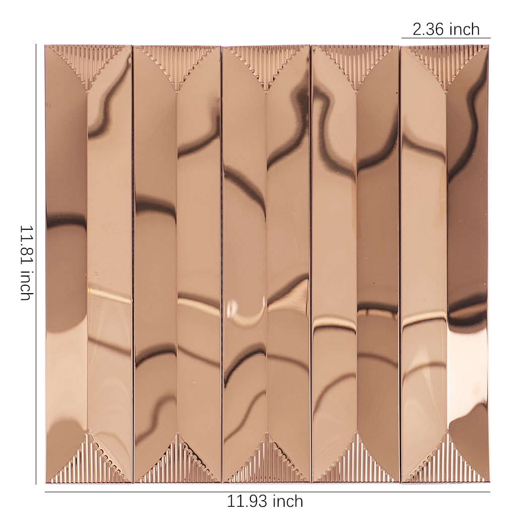 Champagne gold metal tile with glossy surface showing 11.81x11.93 inch size