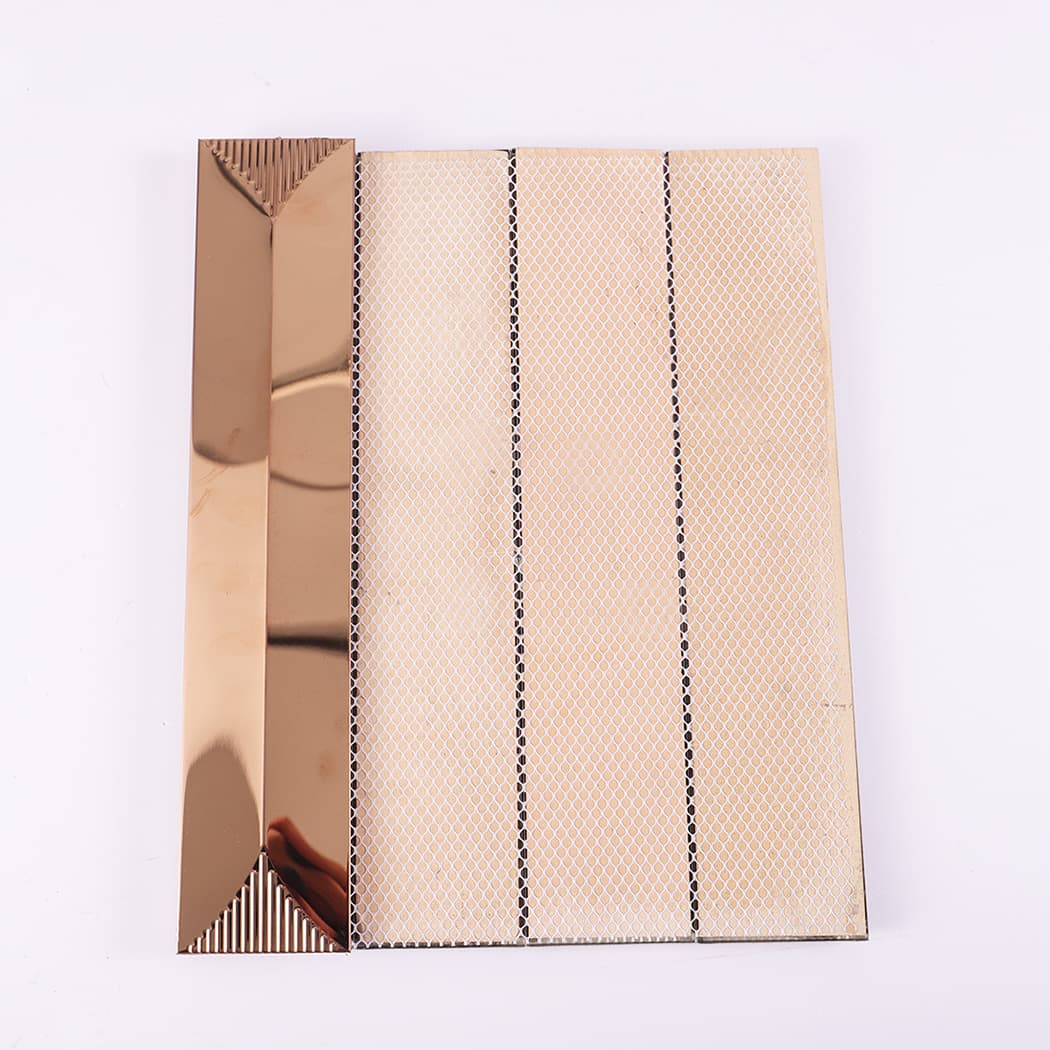 Back side of champagne gold tile showing mesh backing and structure