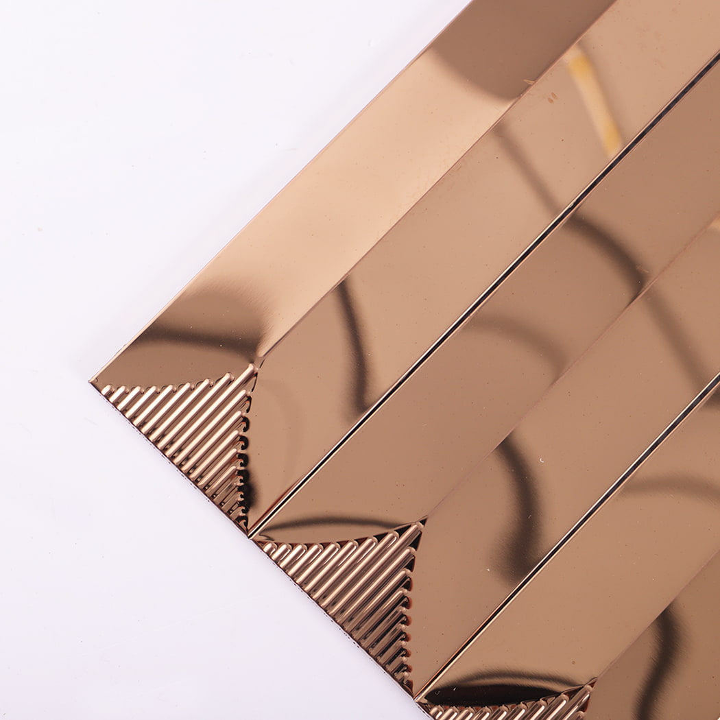 Corner close-up of champagne gold wall tile showing ribbed pattern