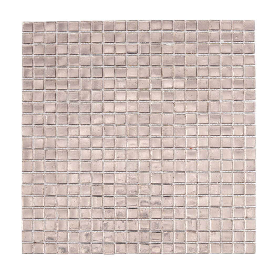 Front view of champagne silver foil glass square mosaic tile sheet on white background