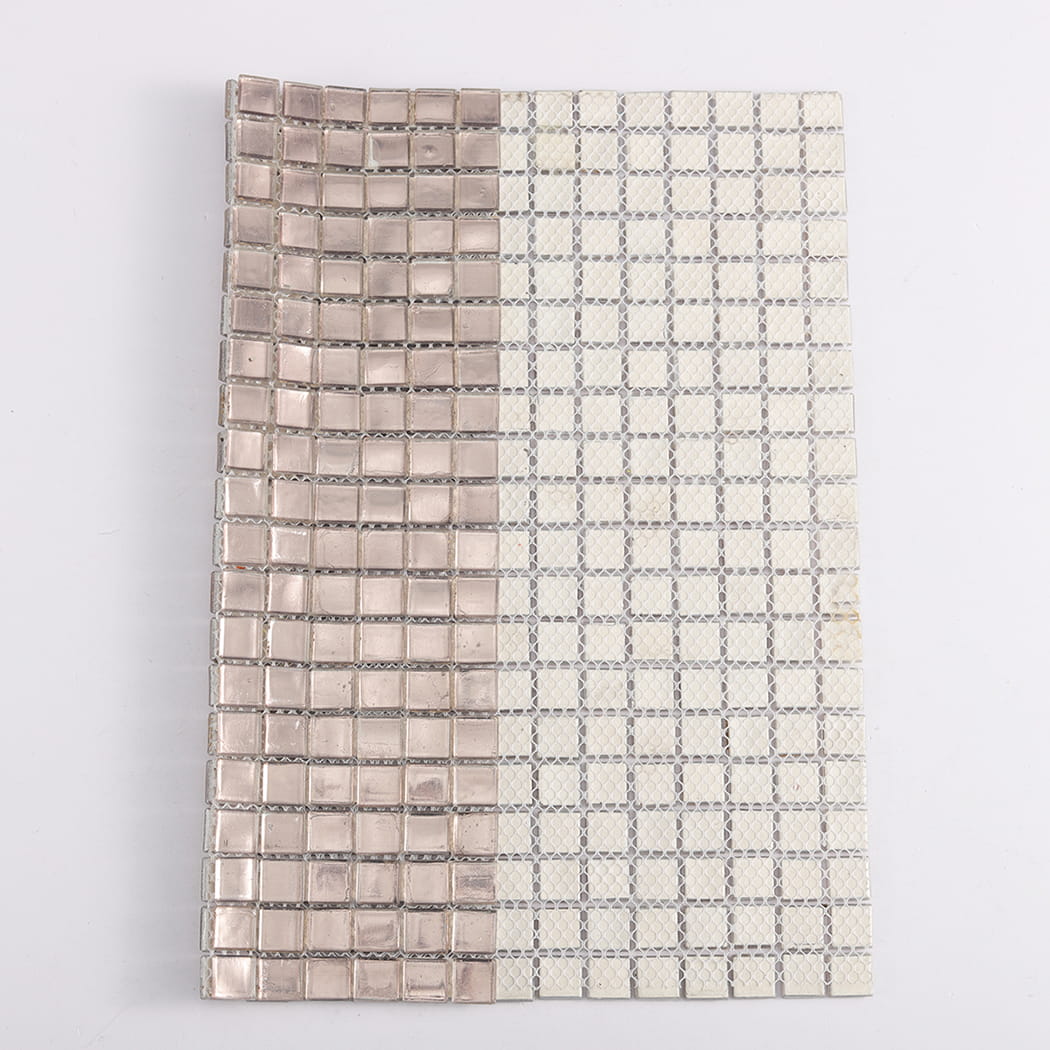 Front and mesh backing view of champagne silver foil glass square mosaic tile sheet