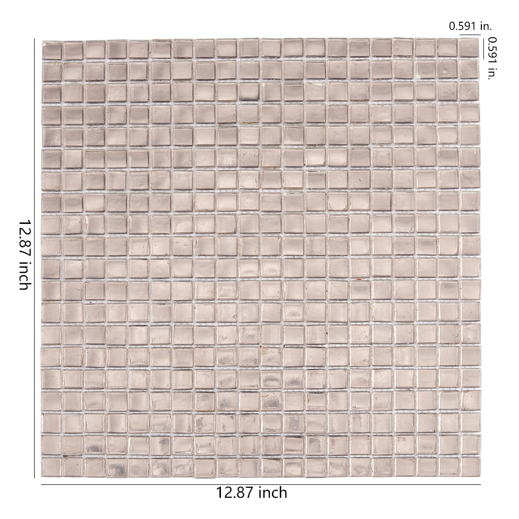 Champagne silver foil glass square mosaic tile sheet showing overall size and tile dimensions