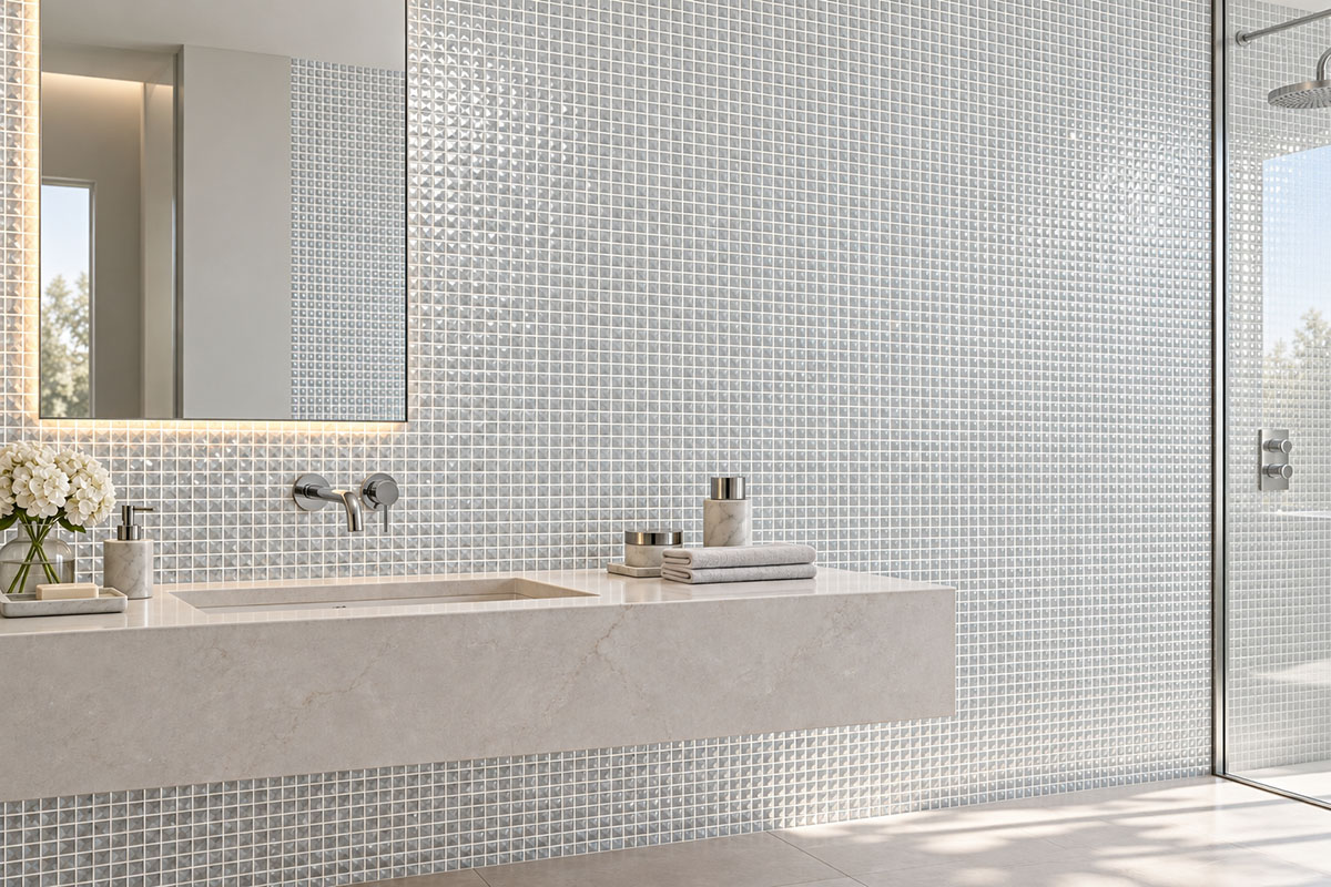 Clear glass mosaic wall tiles in a modern bathroom with a stone vanity and shower