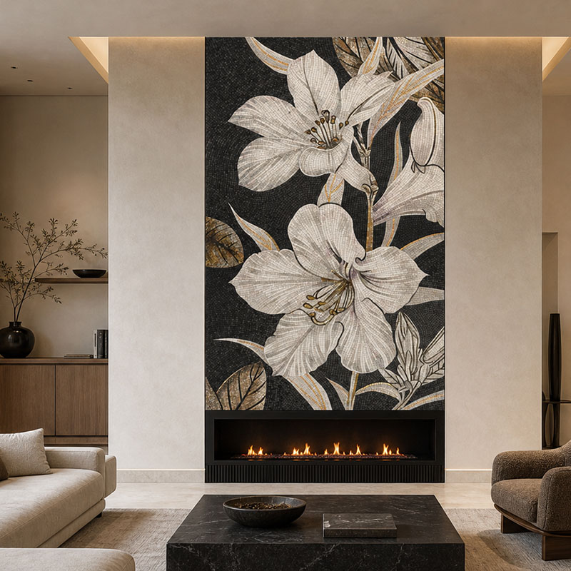 Close up view of floral mosaic fireplace tile wall above modern linear firebox