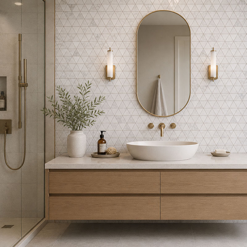 Triangle marble wall tiles with a wood vanity and brass bathroom fixtures