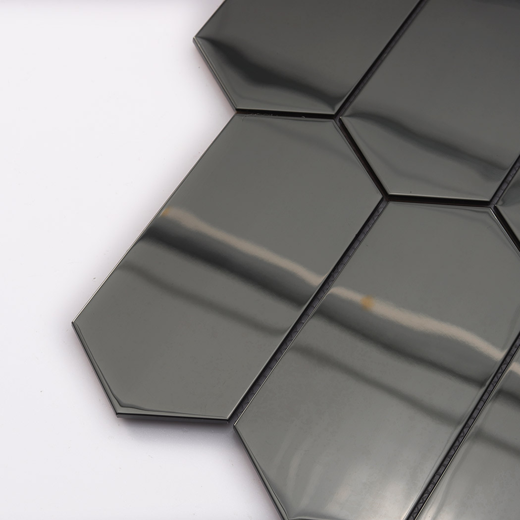 Close up mirror glossy black hexagon stainless steel tile showing high reflection