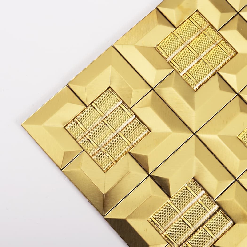 Close-up shot of gold mosaic tiles highlighting the beveled edges and textured center.