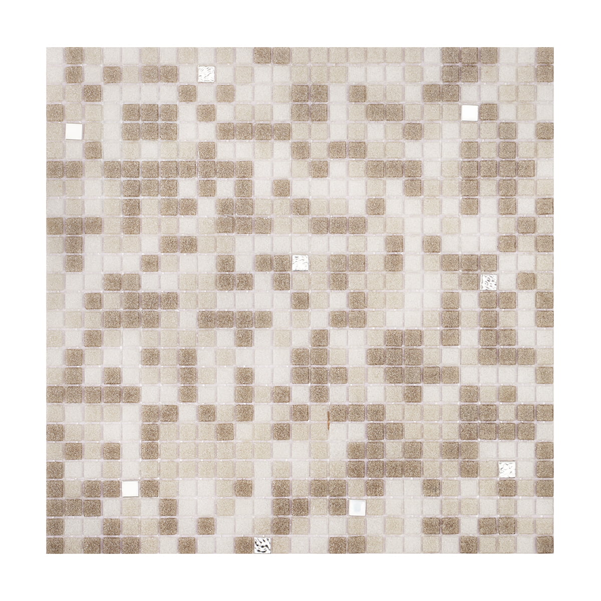 Close-up of a beige and white mosaic tile sheet with a mixed square design