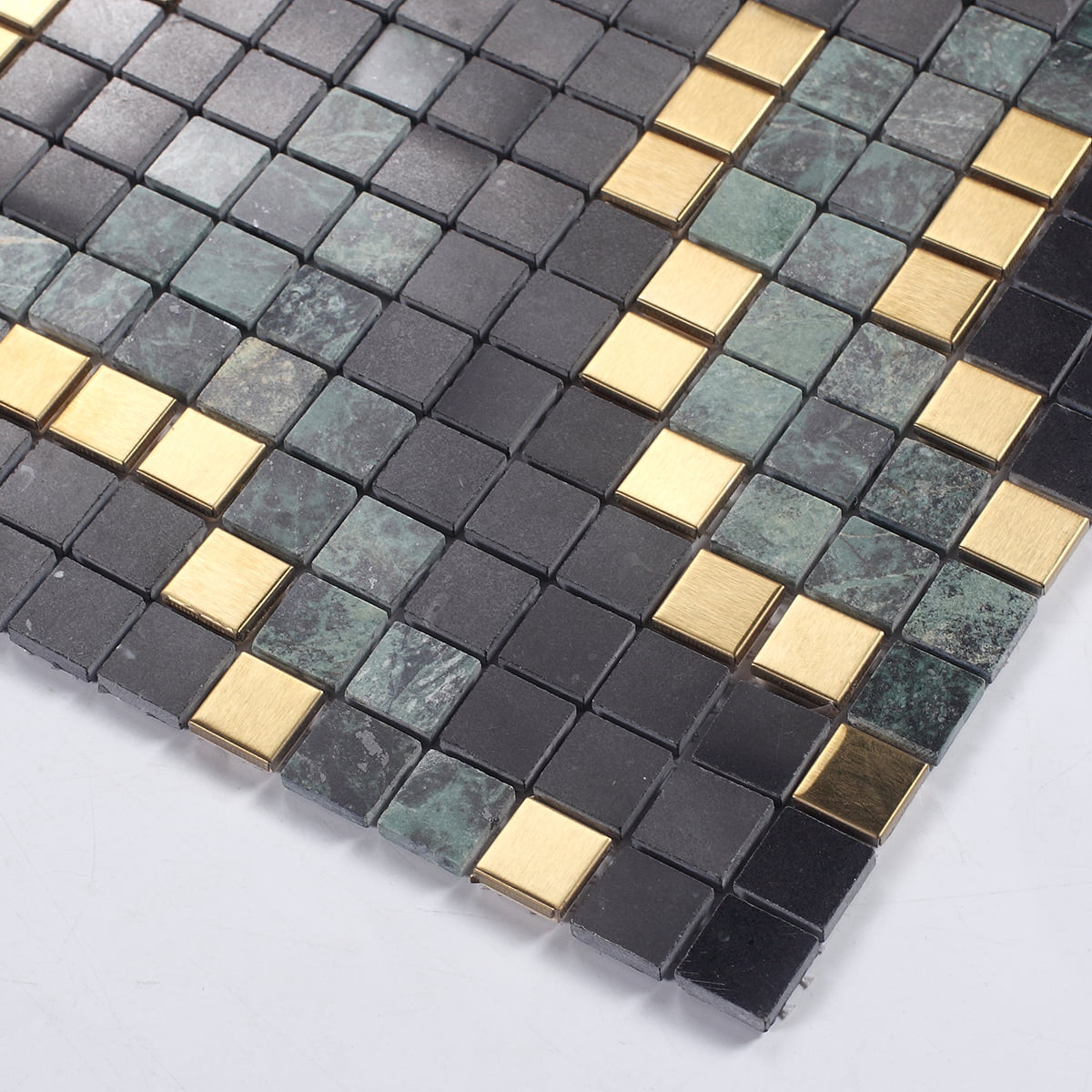 Close-up of premium marble and gold square mosaics in a stylish geometric pattern