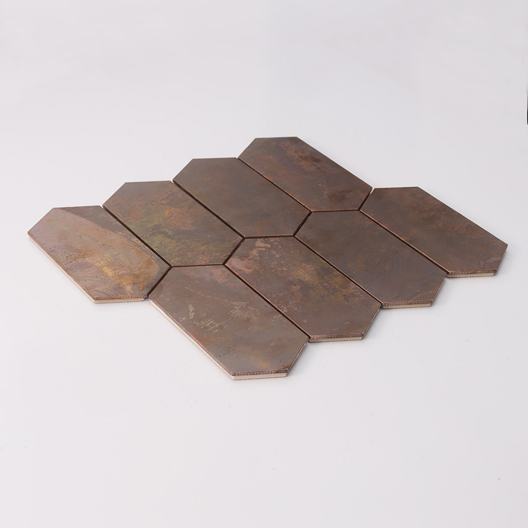 Cluster layout of copper hexagon mosaic tiles showing layered industrial metal texture