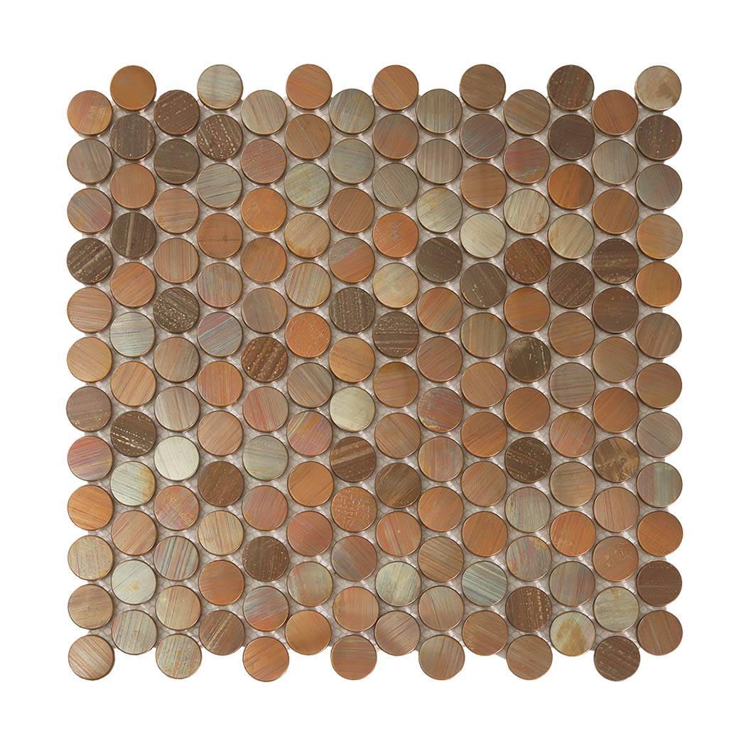 Front view of copper penny round metal mosaic tile
