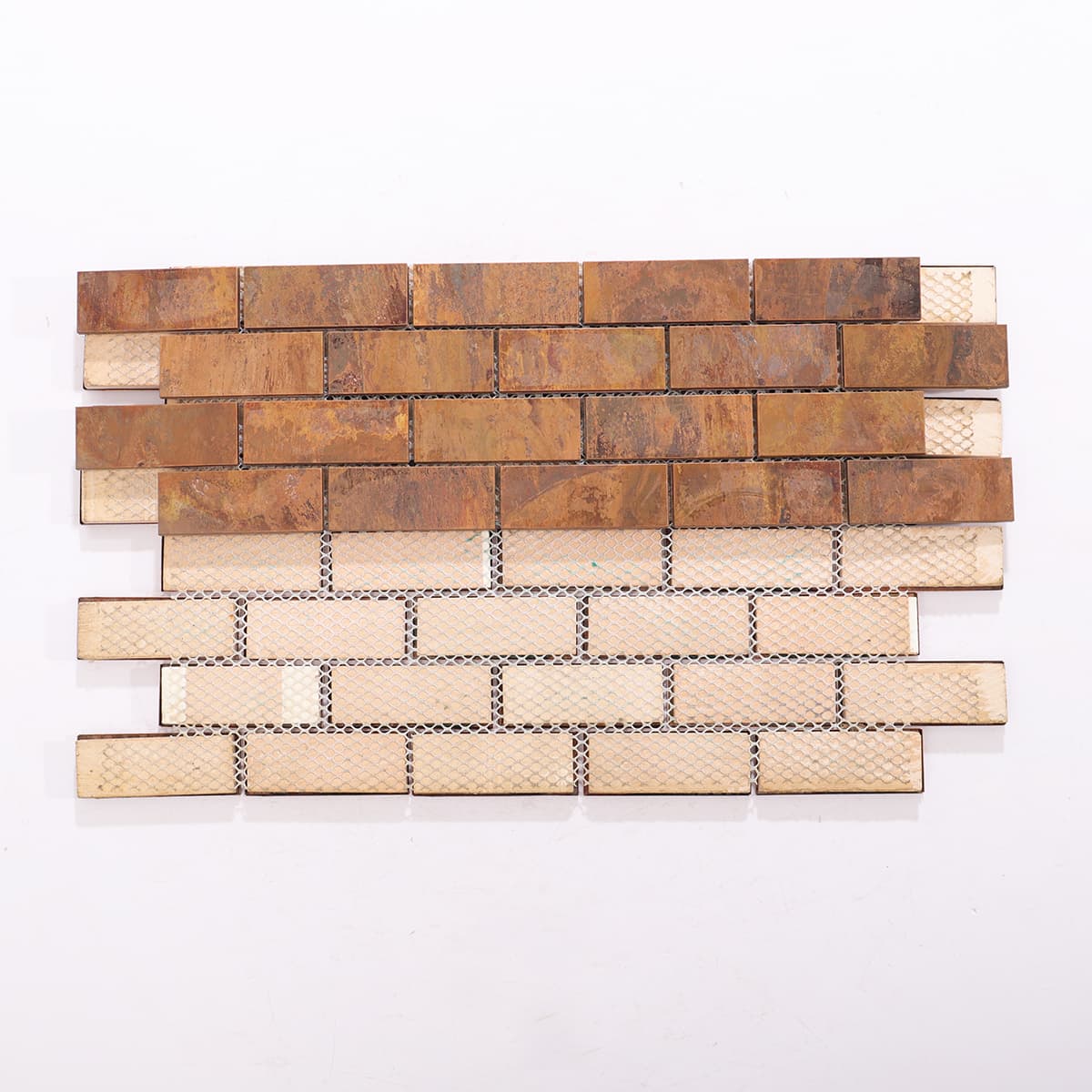 Back view of copper rectangle mosaic tile with mesh backing